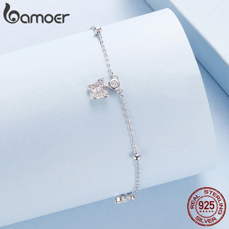 BAMOER 925 Sterling Silber Schmetterlings-Fußkettchen mit Zirkonia-Besatz und Perlen für Damen und Mädchen, leichter Fußschmuck