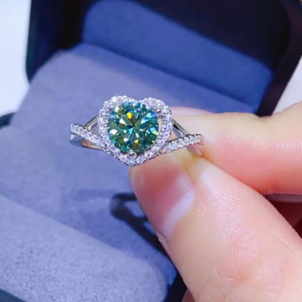 Serenity 1ct Heart Cut Green Moissanite Rings for Women Wedding Bridal 100% Sterling Silver Plated 18K Eternity Ring Jewelry GRA