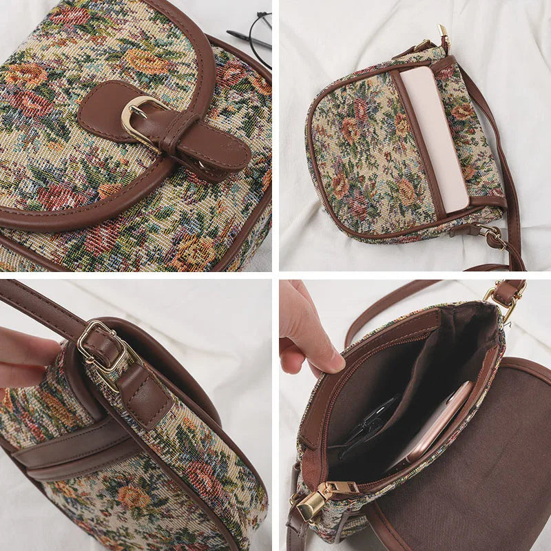 Hylhexyr Shoulder Handbag Literary Saddle Bag Retro Flower Cotton Linen Canvas Tote Female Small Crossbody Bags