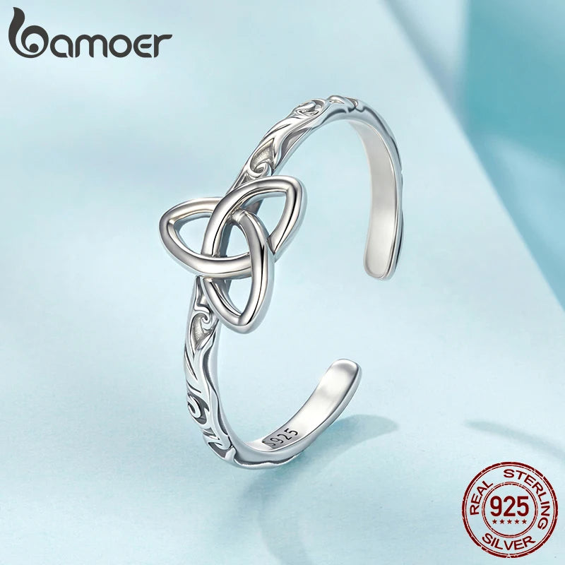 BAMOER 925 Sterling Silver Embossed Vintage Celtic Pattern Ring for Women Simple Silver Adjustable Ring Fine Jewelry Gift