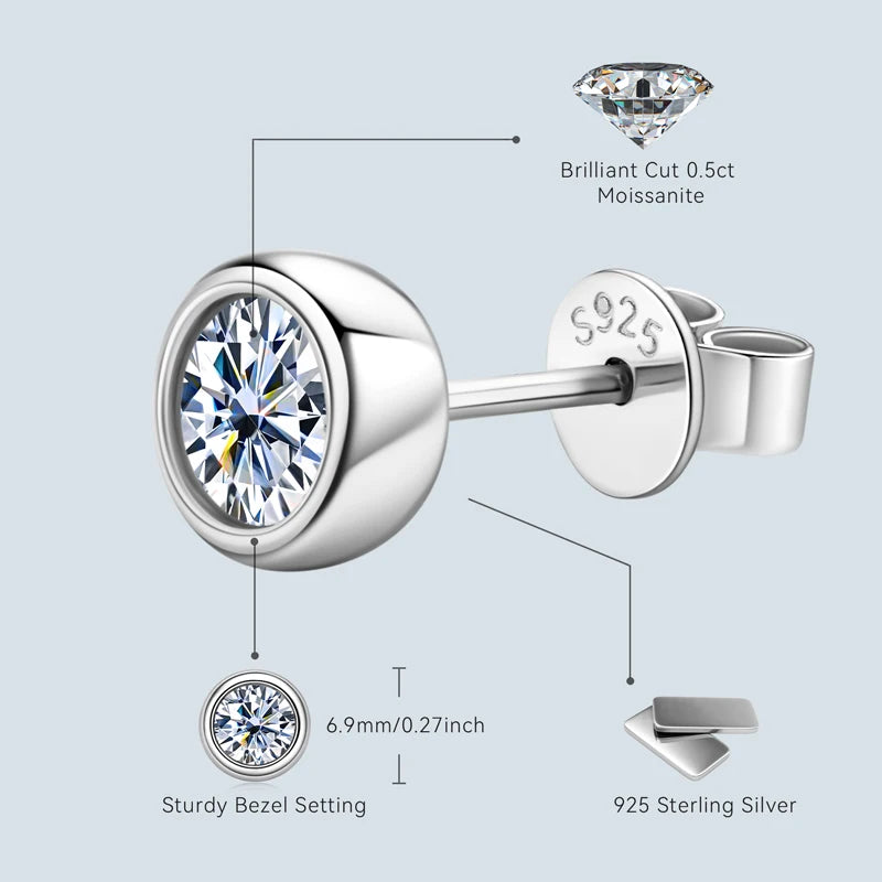 OXTAO 5mm 6.5mm Round Stud Earrings Real 925 Silver Moissanite Bezel Setting Simple Bubble Earrings Fashion Wedding Jewelry Gift