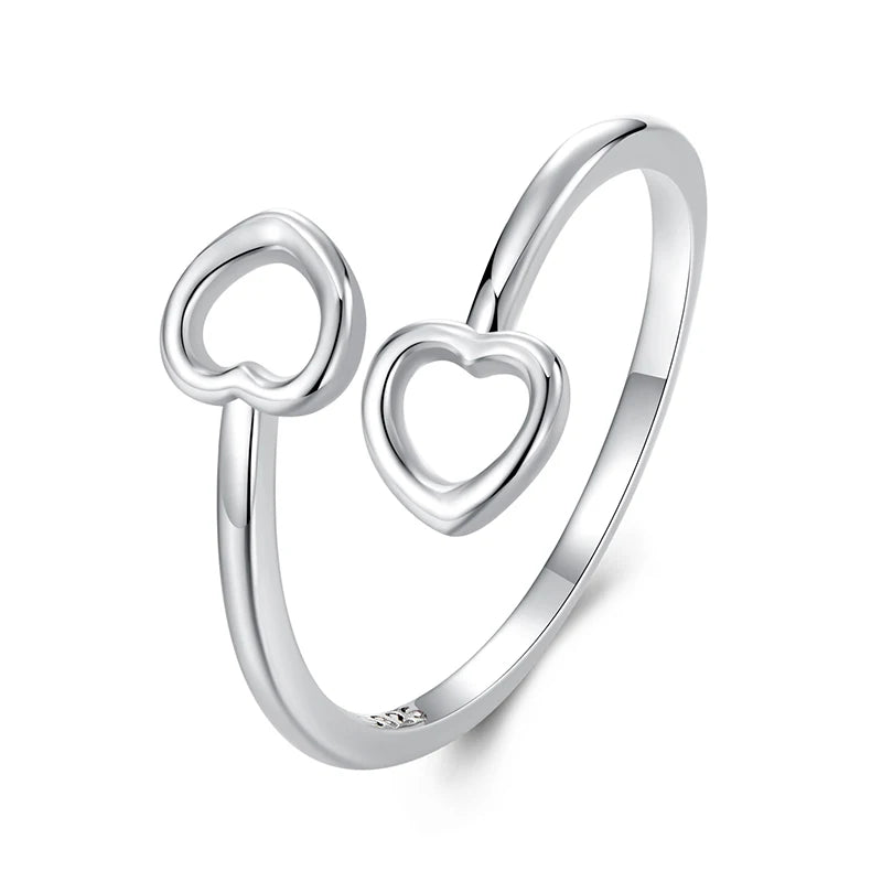 BAMOER 925 Sterling Silver Heart Open Adjustable Ring for Women Simple Stackable Band Rings SCR1091-E