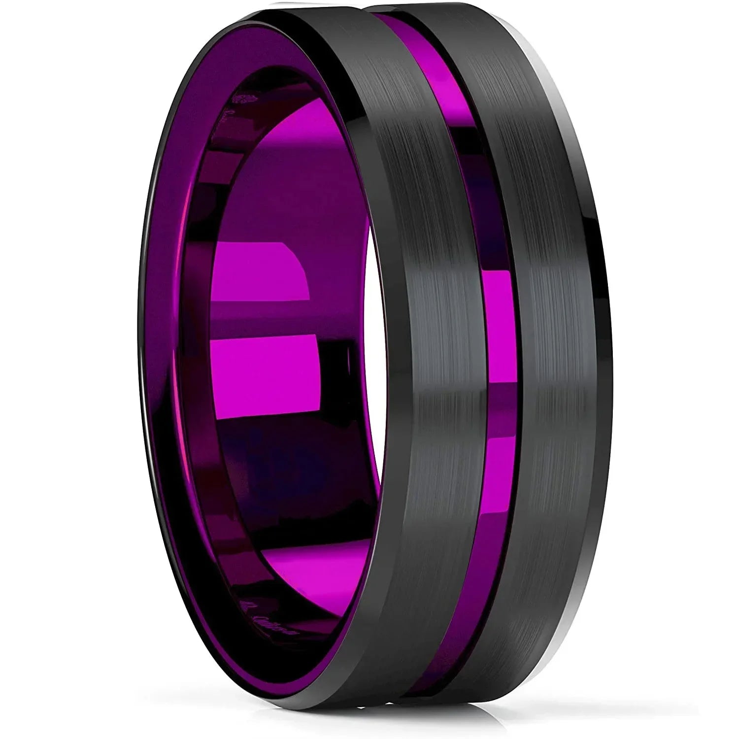 Trendy 8mm Men Frosted Stainless Steel Rings Silver Color Brushed Groove Beveled Edge Engagement Rings For Men Wedding Jewelry