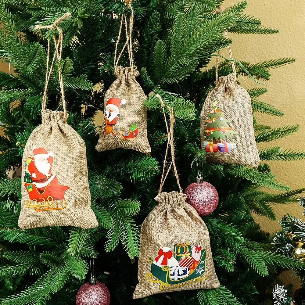 1/30PCS Christmas Linen Drawstring Bags Candy Biscuits Pouchs Burlap Bracelet Jewelry Storage Bags Xmas Kids Gift Packaging Bags