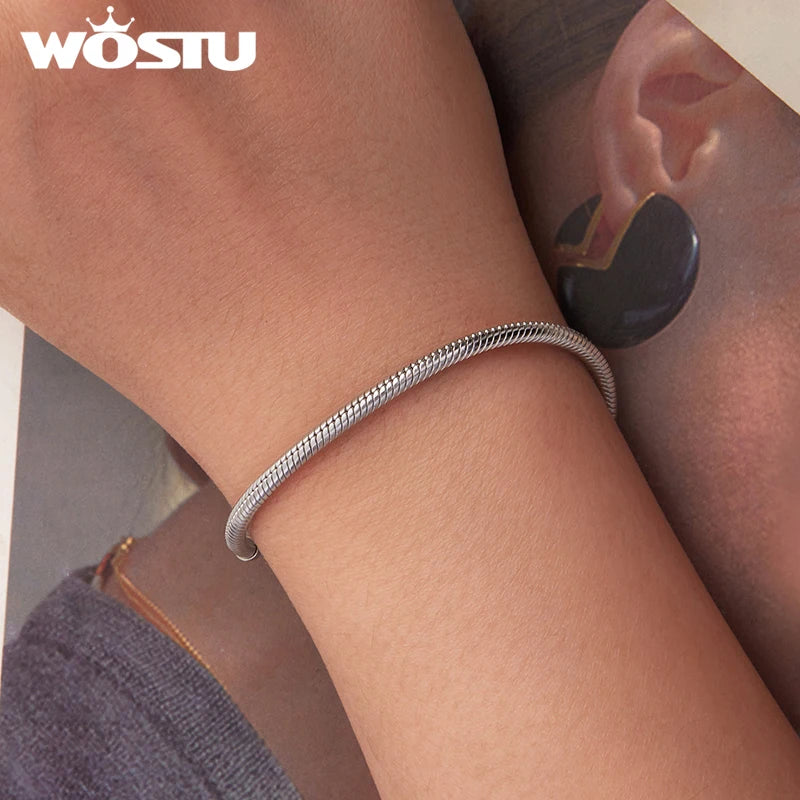 WOSTU 925 Sterling Silver Love Heart Bracelet Base Snake Chain for Women Fit Beads Charms DIY Adjustable Gift Fine Jewelry