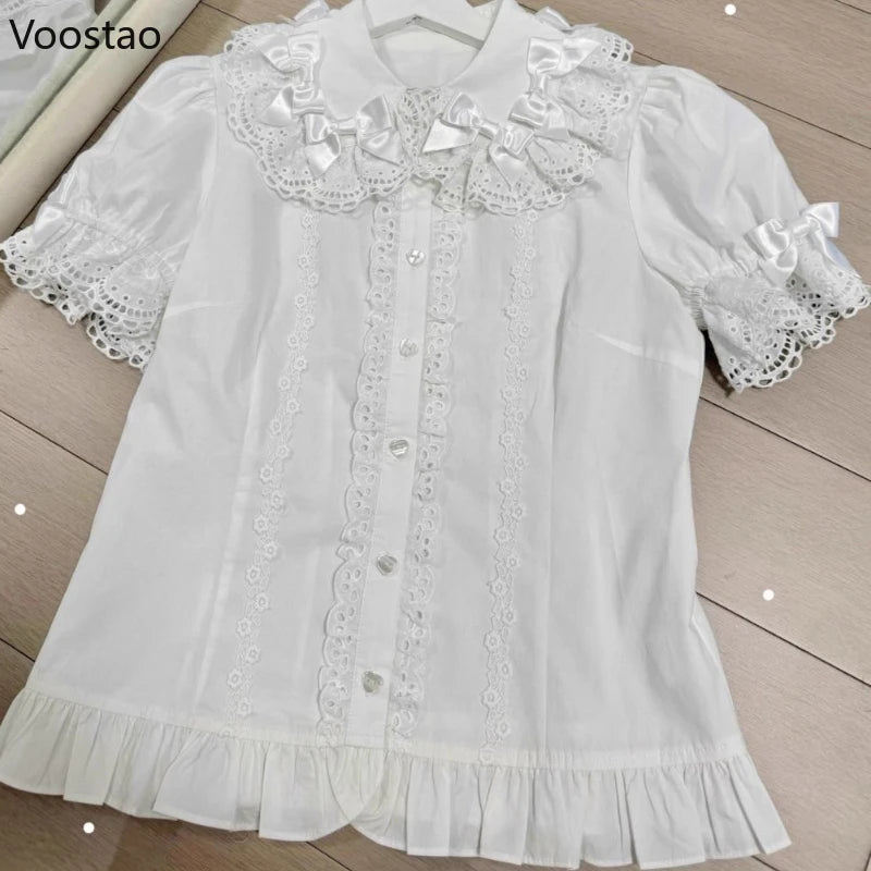 Japanese Sweet Lolita Style Shirts Women Kawaii Peter Pan Collar Bow Lace Ruffles Short Puff Sleeve Blouses Blusas Mujer Tops