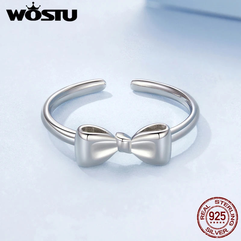 WOSTU Solid 925 Sterling Silver Classical Bow knot Ring For Women Wedding Jewelry Opening Rings Stackable Jewelry Gift BSR664-E