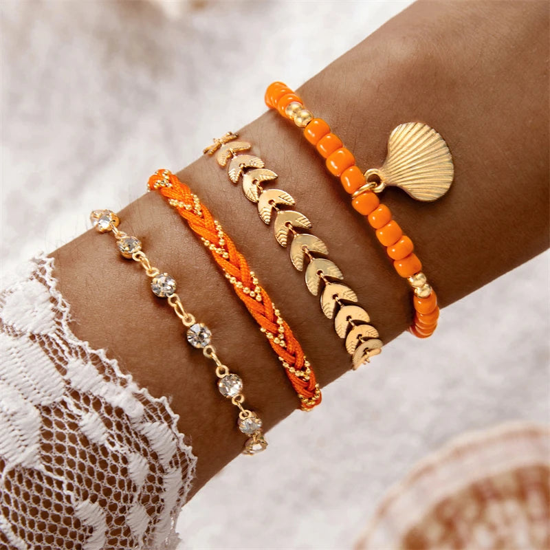 4pcs/set Bohemia Shell Bracelets for Women Ethnic Style Colorful Zircon Rice Beads Metal Chain Bangles Girl Summer Beach Jewelry
