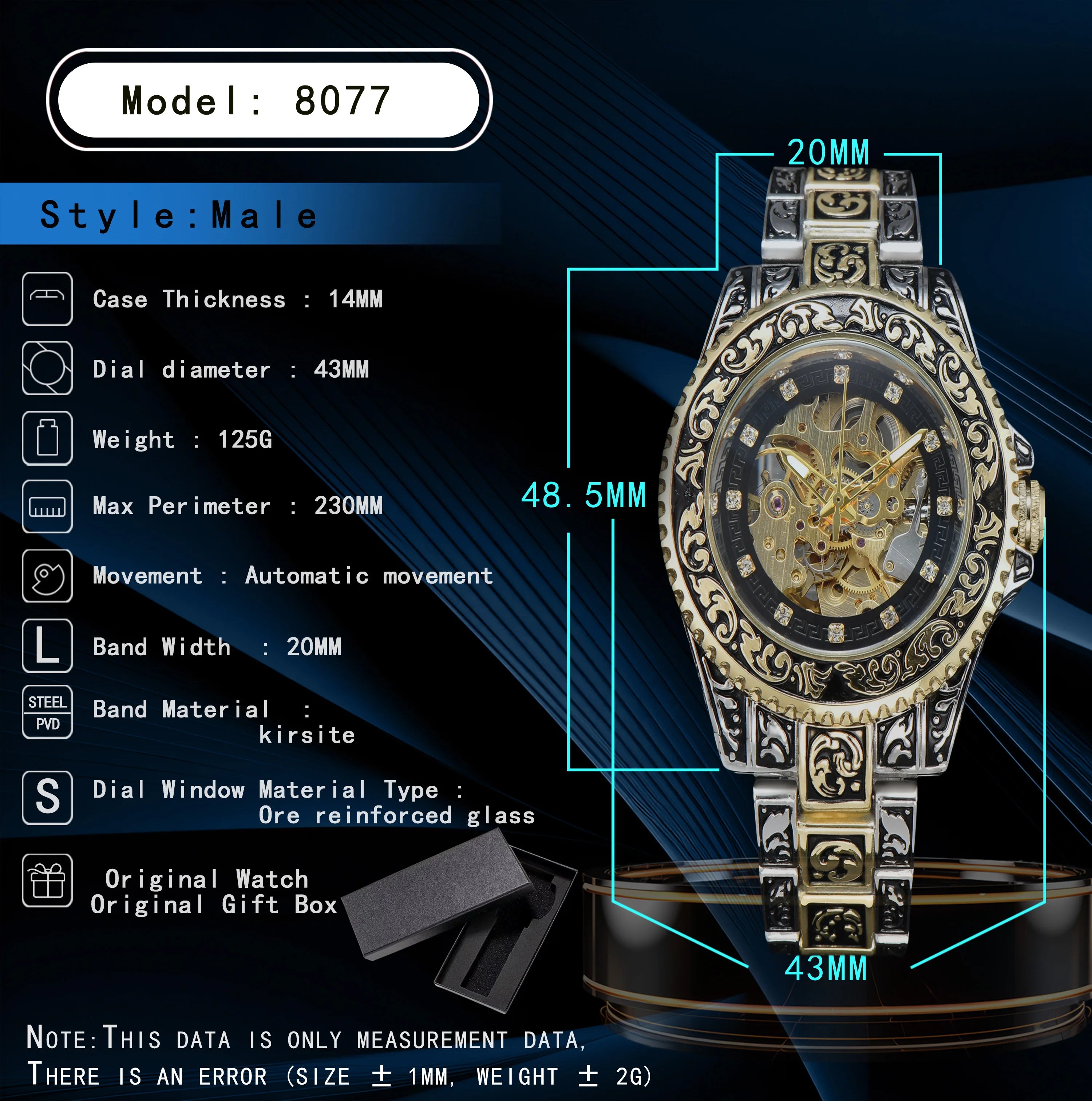 LONGLUX automatic watch retro luxury mechanical watches alloy carve wholesale waterproof no logo mens watch men gift