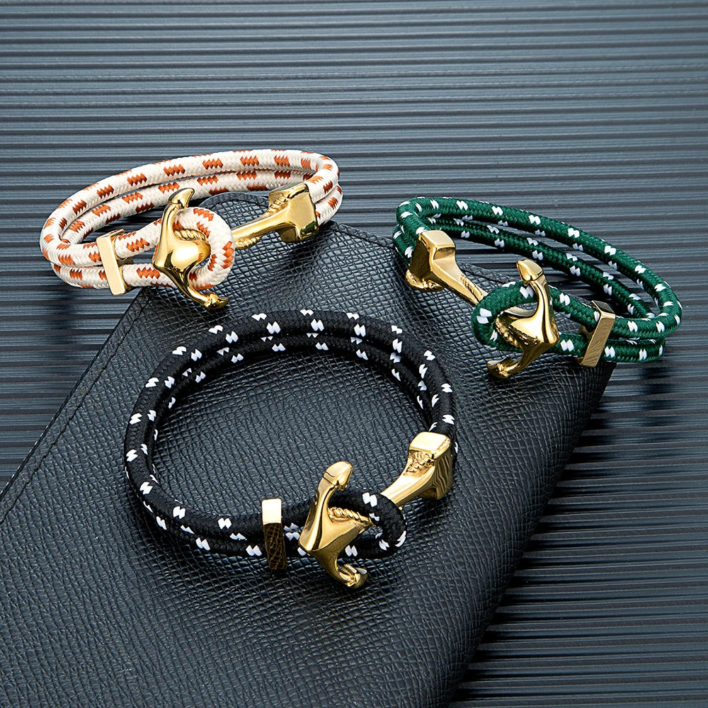 MKENDN Anker-Armbänder Herren Doppelsträngiges nautisches Surfer-Armband aus wasserdichtem Nylonseil Damen vergoldetes 316L Sport-Schließe