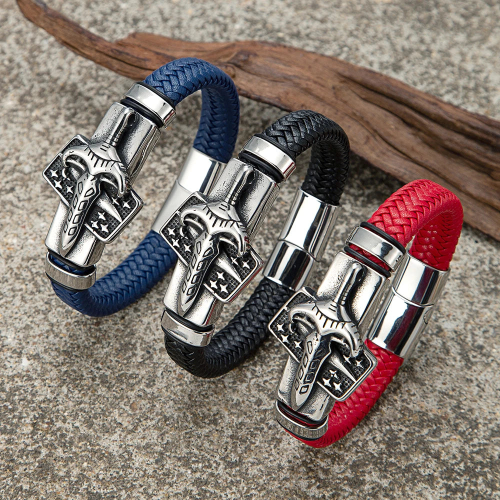 MKENDN Viking Style Men Braided Genuine Red Leather Bracelet Warrior's Sword Stainless Steel Magnetic Buckle Homme Pulseras