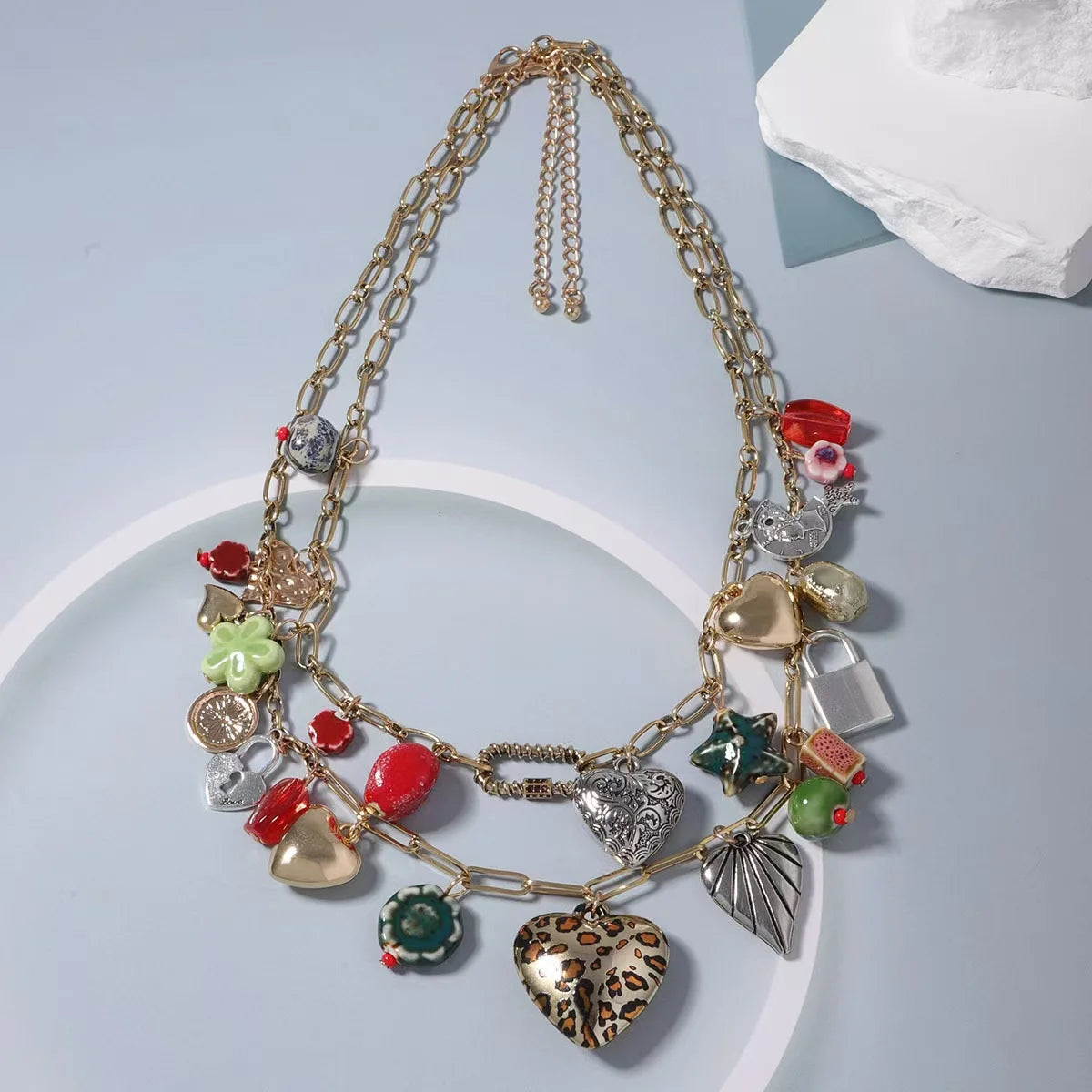 ZAA Vintage Double-layer Heart-shaped Lock Tassel Pendant Necklace Jewelry