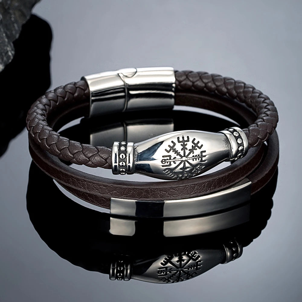 MKENDN Norse Viking Style Stainless Steel Compass Norse Runes Amulet Beads Braided Multilayer Leather Bracelet Homme Pulseras