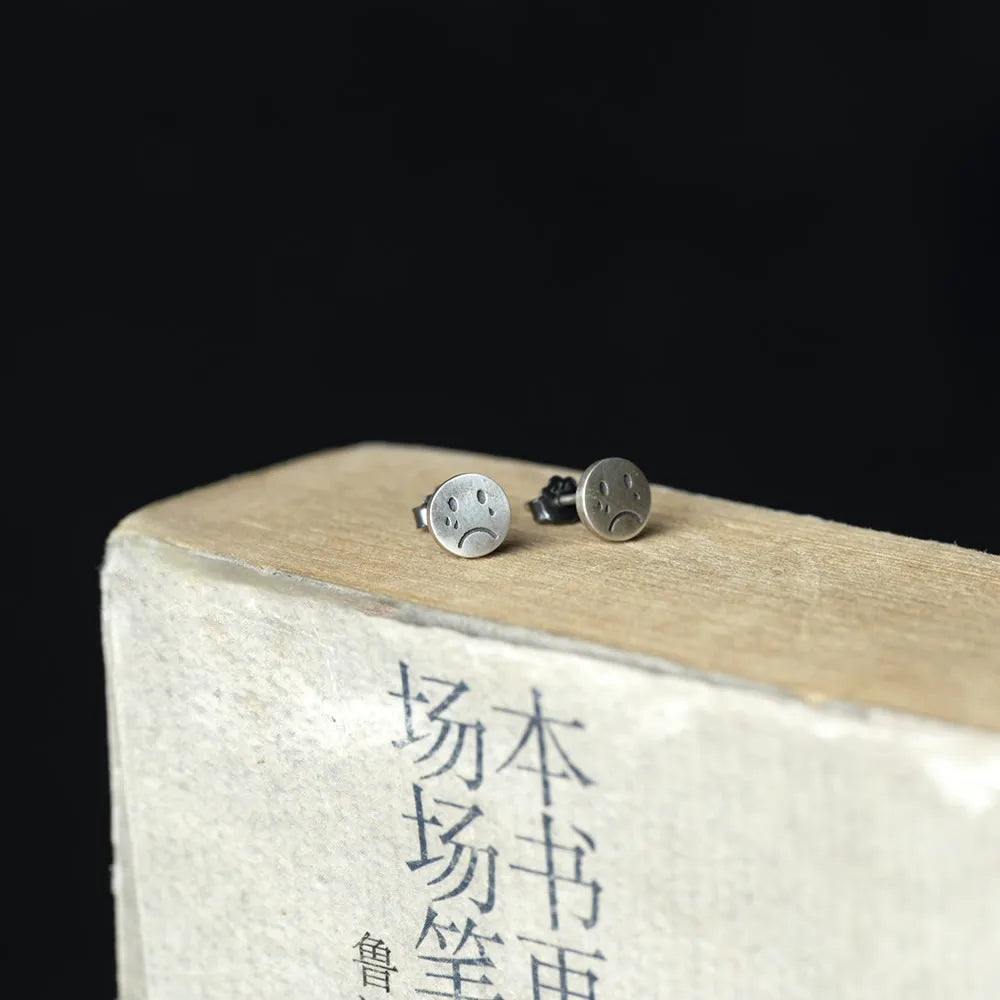 MKENDN Real 925 Sterling Silver Crying Face Stud Earrings Personality Minimalist Ear Jewelry Street Punk Gothic Style