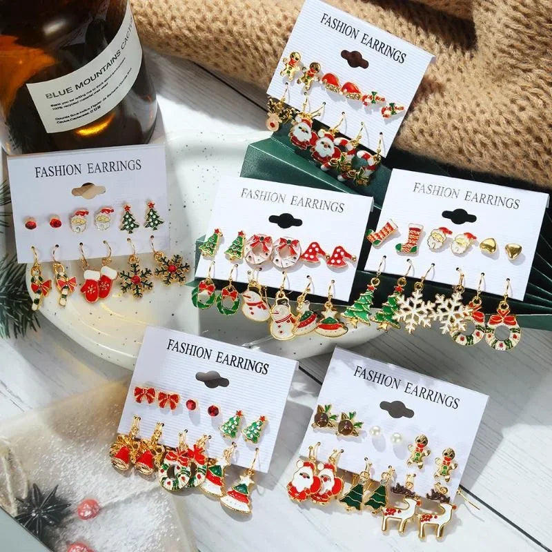 Fashion Cartoon Christmas Earring Set Female Snowflake Tree Snowman Bell Earring Fashion Christmas Ball Earring Jewelry Gifts