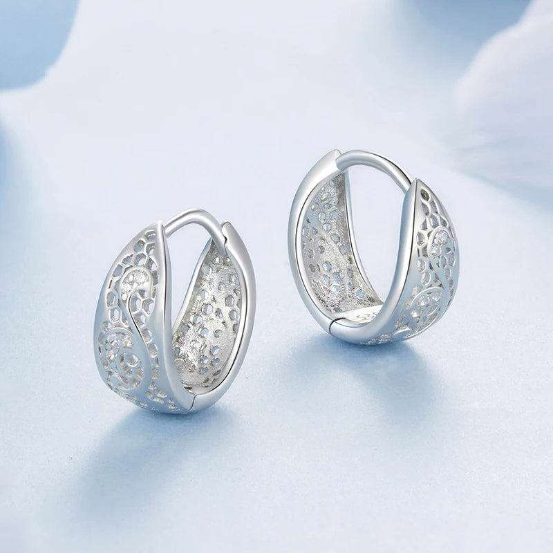 WOSTU Real 925 Sterling Silver Wedding Lace Hoop Earrings For Women Hollow Shiny Zircon Ear Buckles Engagement Party Gift
