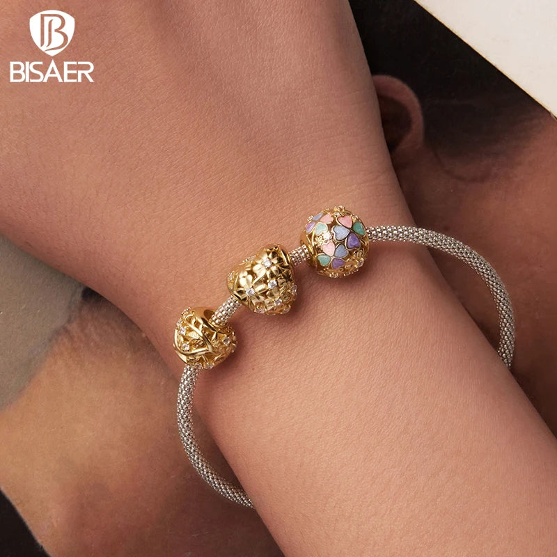 BISAER 925 Sterling Silver Four-Leaf Clover Charm Colorful Autumn Leaves Pendant Plated Gold for Women DIY Bracelet Fine Jewelry