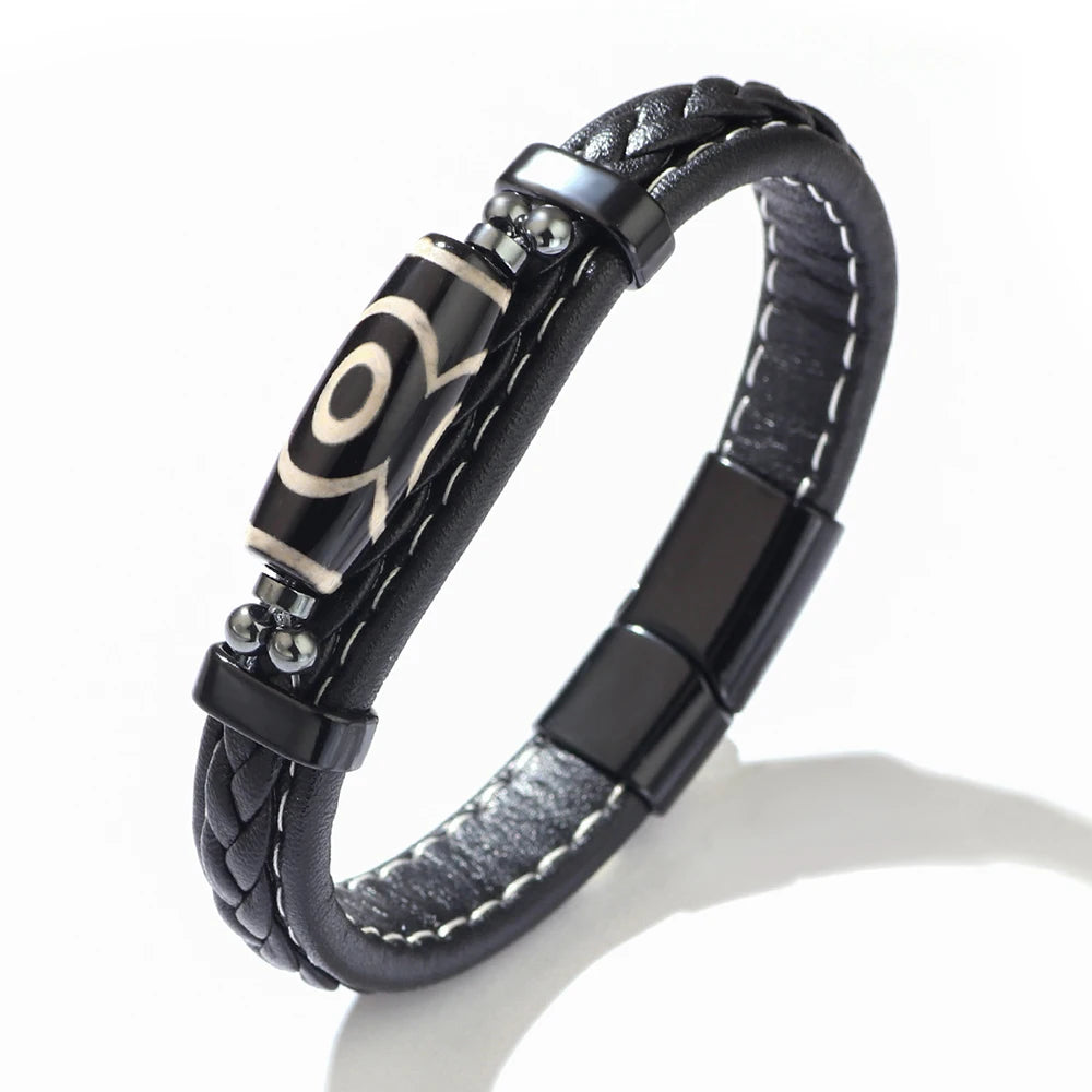 MKENDN Charm Herrenarmband, tibetischer Buddhismus, neunäugiges Dzi-Perlenarmband, Lederarmband, Edelstahl-Accessoires, Glücksarmband
