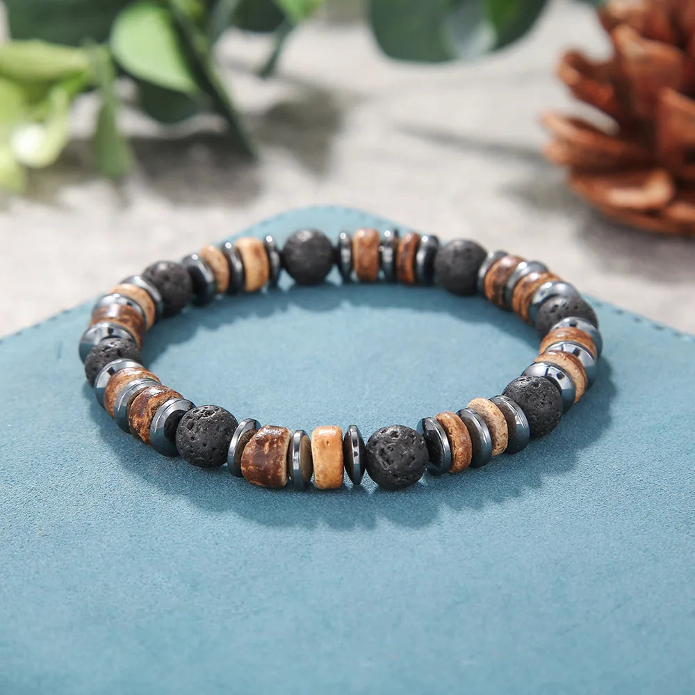 1PC Vintage Male Tribal Coconut Shell Wooden Beaded Bracelet for Men Lava Stone Bracelet Man Jewelry Gift for Him