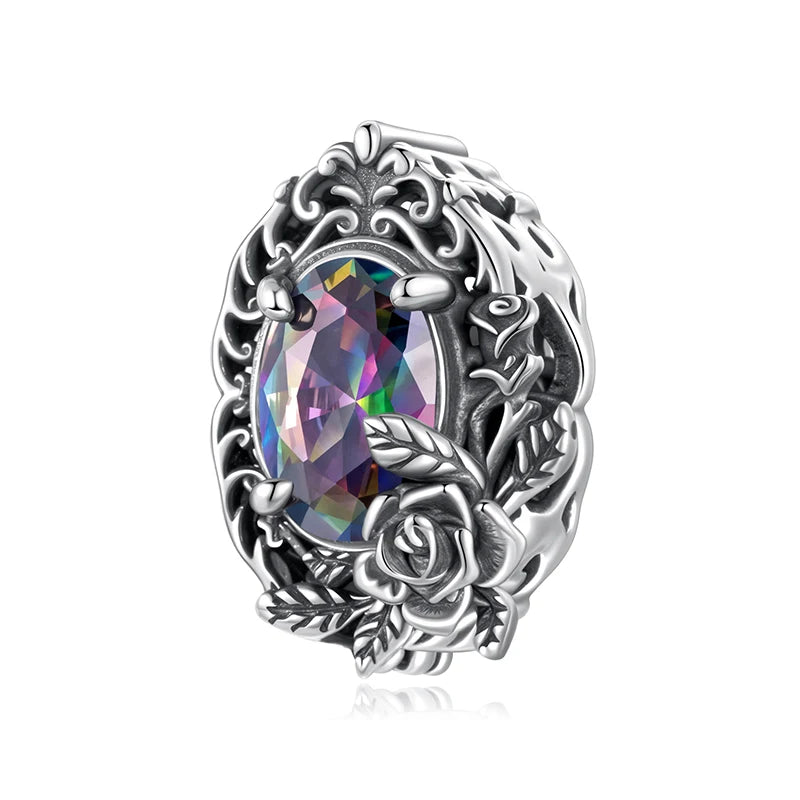 WOSTU 925 Sterling Silver Vintage Gothic Black Rose Flower Heart Beads, Retro Pearl Pendant Rainbow Charms Fit DIY Jewelry Make