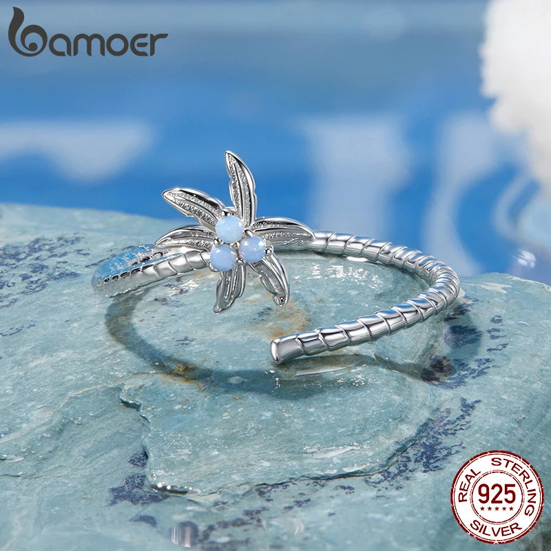 BAMOER 2025 Solid 925 Sterling Silver Cute Coconut Tree Adjustable Rings Lovely Plant Open Ring Jewelry for Women SCR1118-E