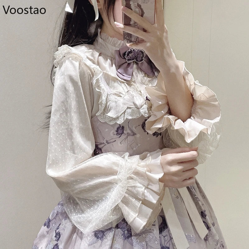 Gothic Y2k Shirts Women Vintage Lolita Style Lantern Sleeve Blouses Girls Victorian Sweet Mesh Ruffles Tops Punk Blusas Mujer