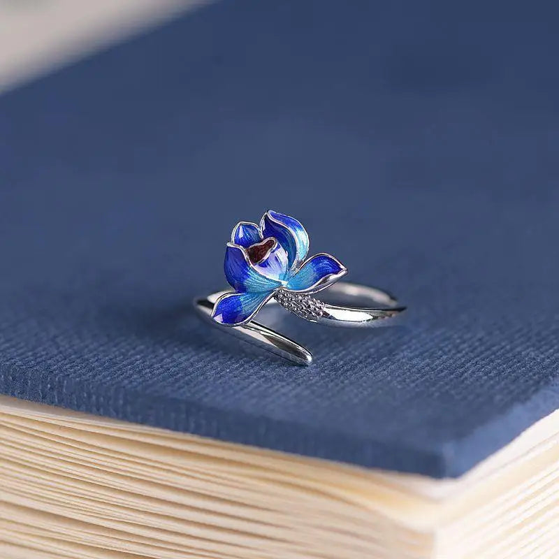 Retro Chinese Cloisonne Lotus Flower Ring For Women Punk Gothic Vintage Open Ring Handmade Designer Jewelry Unisex Accessories