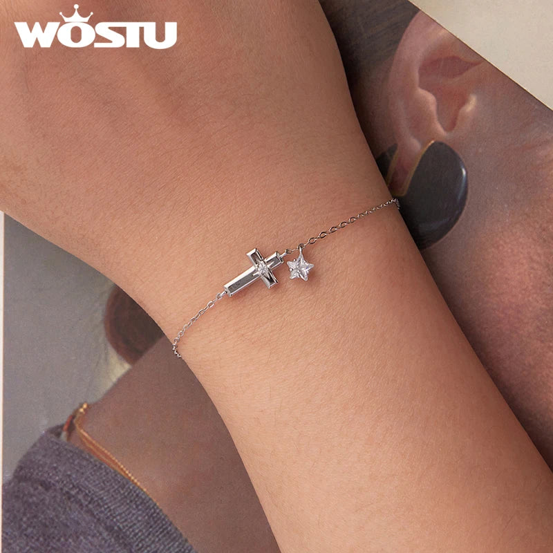 WOSTU 925 Sterling Silver  Classic Cross Style Zircon Chain Bracelet For Women Fashion Stacking Cross Wrist links Family Gift