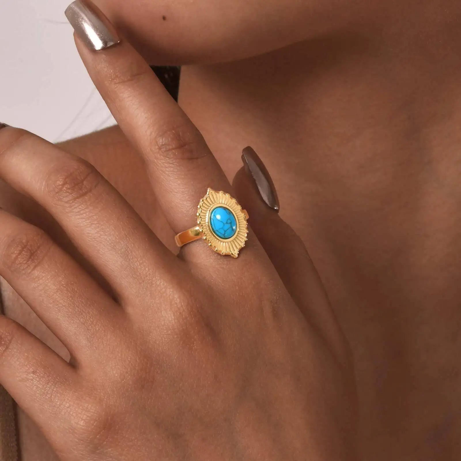 Vnox Blue Turquoise Stone Opening Ring,Stainless Steel Sun Oval Accessories Rings For Women,Finger Female Jewelry Bague Gift
