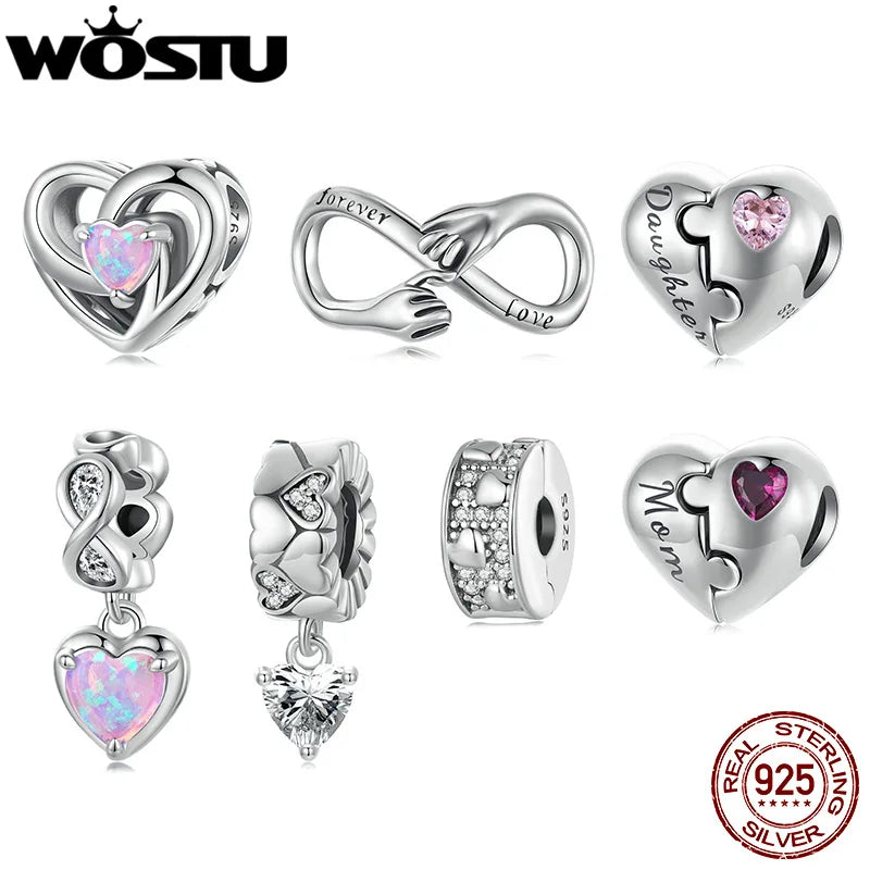 WOSTU Mom's Jewelry Gift 925 Sterling Silver Pink Opal Inifinite Love Charm Pendant Heart Puzzle Beads Fit Bracelet DIY Making