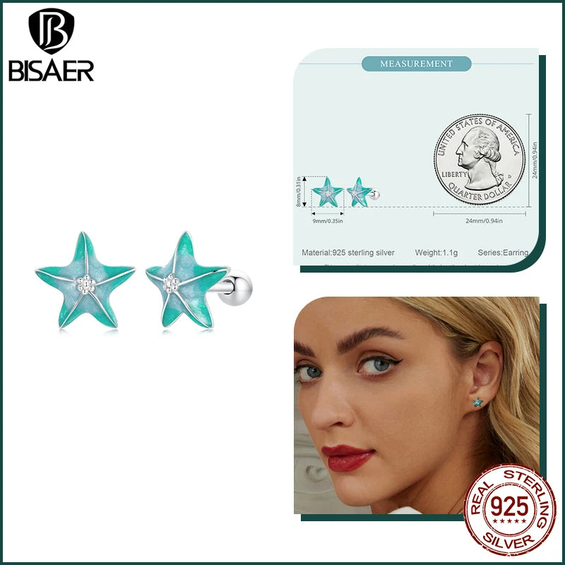 BISAER 925 Sterling Silver Seahorse Stud Earrings Starfish Turtle Fish Hoop Earrings for Party Unisex Fine Jewelry Holiday Gift