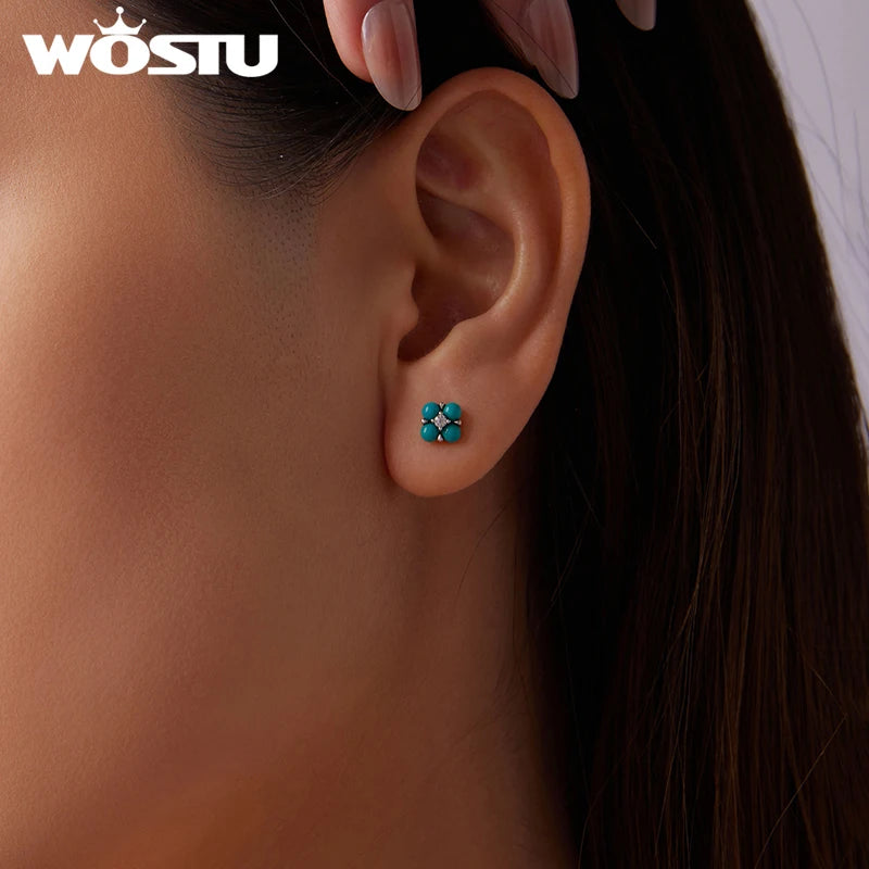 WOSTU 925 Sterling Silver Mini Turquoise Four Leaf Clover Stud Earrings For Women With Shiny Zircon Wedding Engagement Jewelry