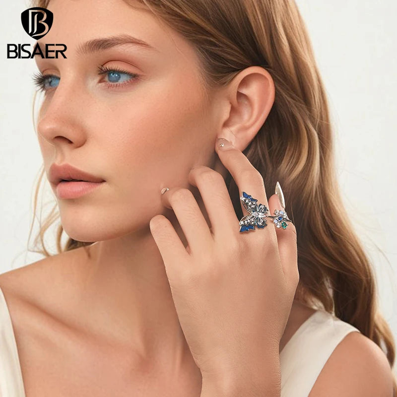 BISAER Bague d'ouverture en forme de grand papillon bleu glace et neige, taille réglable 5-9, pour femme élégante, bijoux de fiançailles, cadeau de mariage