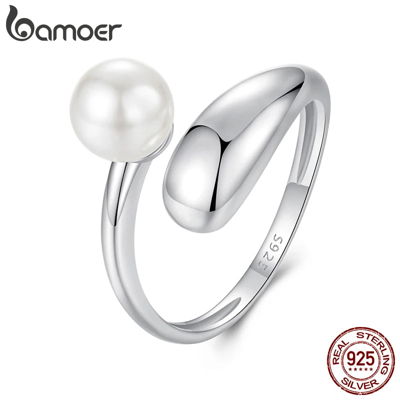 BAMOER Solid 925 Sterling Silver Chunky Open Twist Stackable Rings for Women, White Gold Plated Pearl Statement Ring Band BSR662