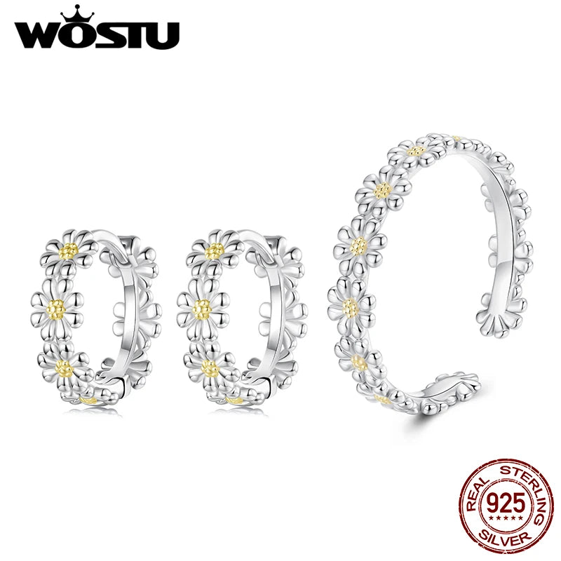 WOSTU 925 Sterling Silver Daisy Flower Open Ring Hoop Huggies Earrings , s925 Silver Women Jewelry Set Daily Wear Birthday Gift