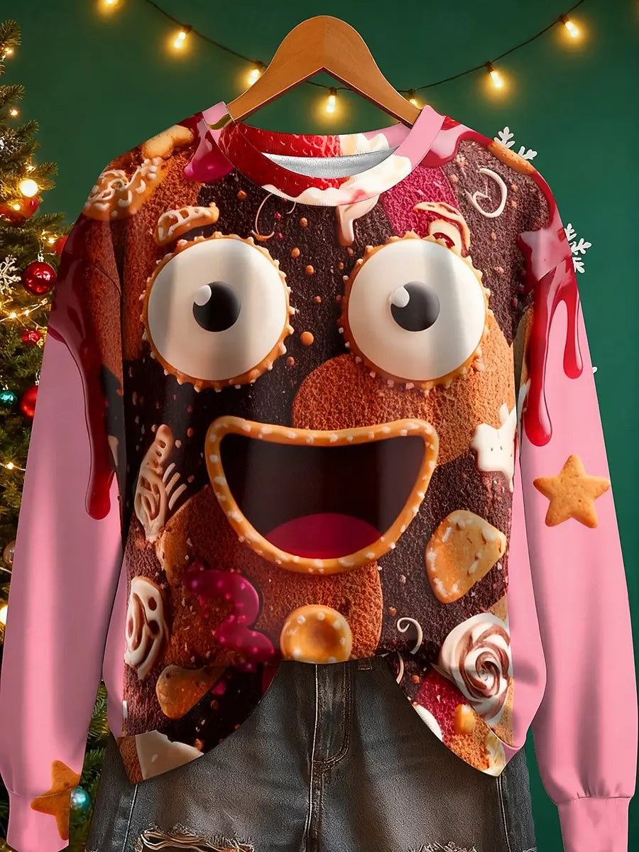 2025 Women's Christmas Face Print Sweatshirt, Holiday Home Wear, Festive Street Style, Fall Winter Casual Crewneck Pullover