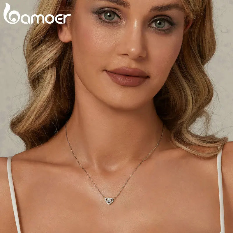 BAMOER 925 Sterling Silver Heart Moissanite Pendant Necklace 0.5CT D Color Brilliant Round Cut Lab Created Diamond for Women