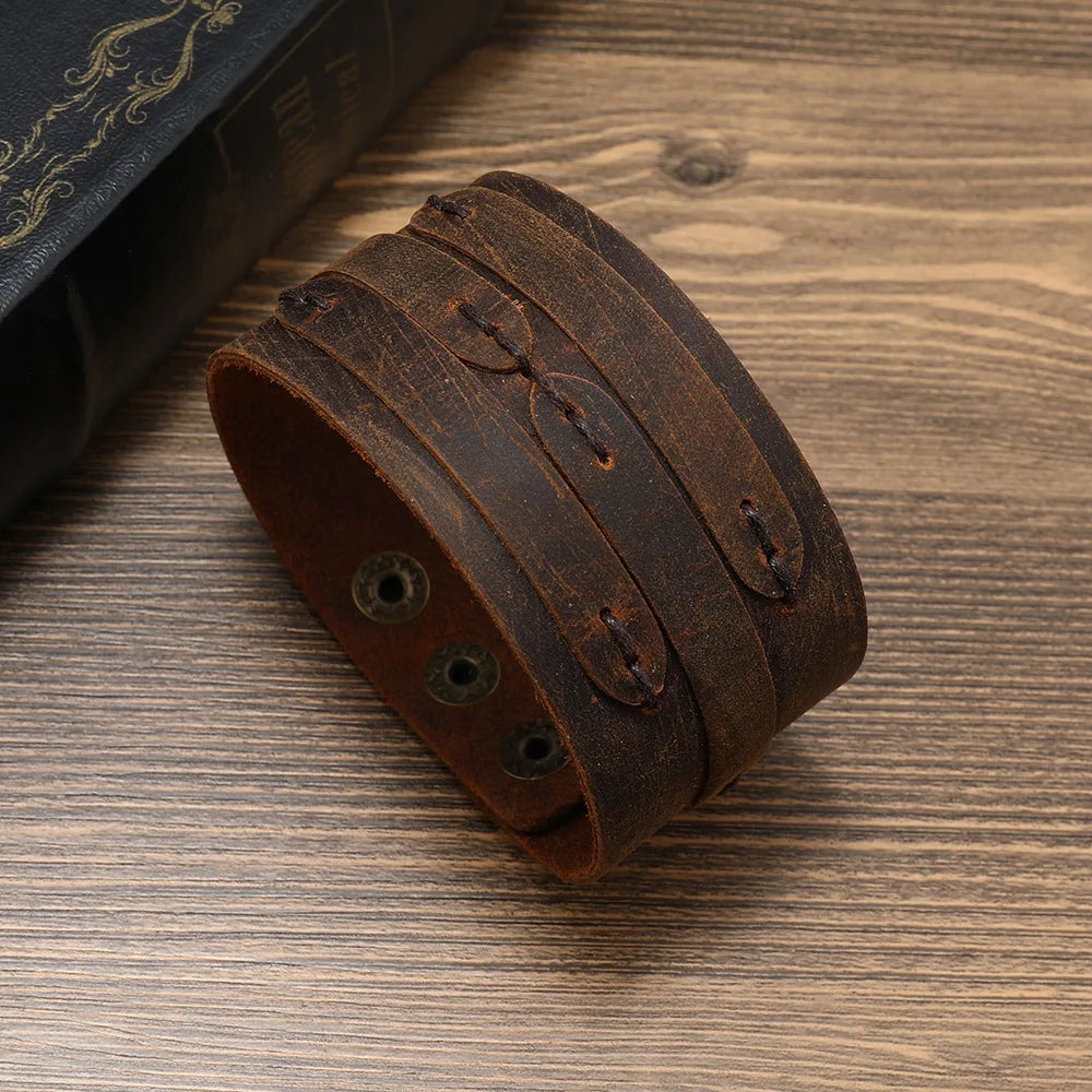 Vintage Leather Bracelet Men Punk-style Leather Wide Bracelet Simple Personality Men's Multi-layer Jewelry Bracelet Charm Retro