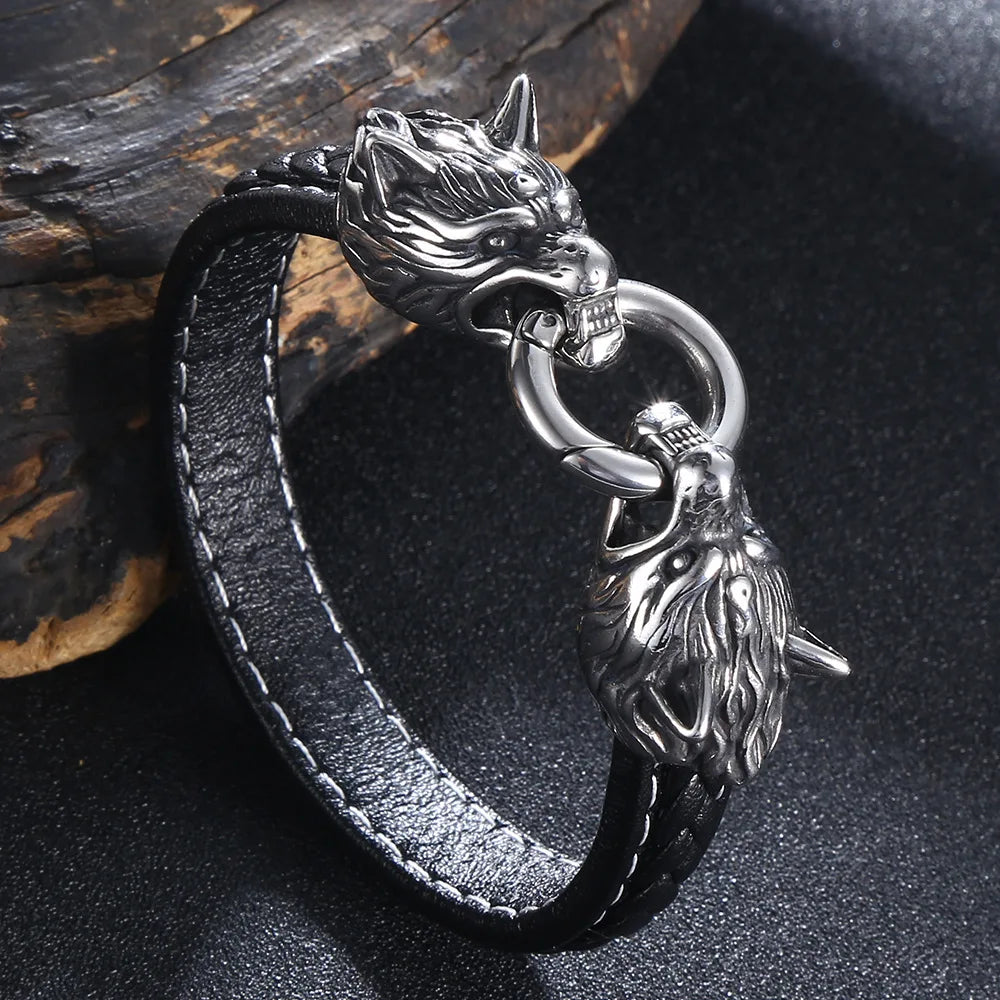 MKENDN Classic Animal Norse Viking Double Wolf Head 316L stainless steel Men's Leather Bracelet Fashion Punk Jewelry Pulseras
