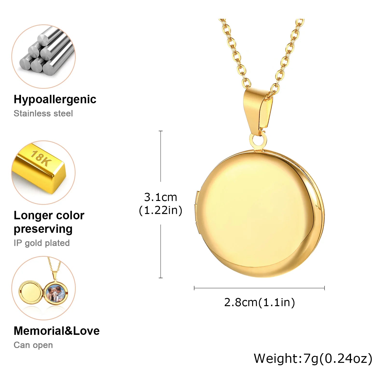 Vnox Light Heart Locket Pendants for Women Men Openable Photo Frame Glossy Stainless Steel Necklaces Family Love Collar