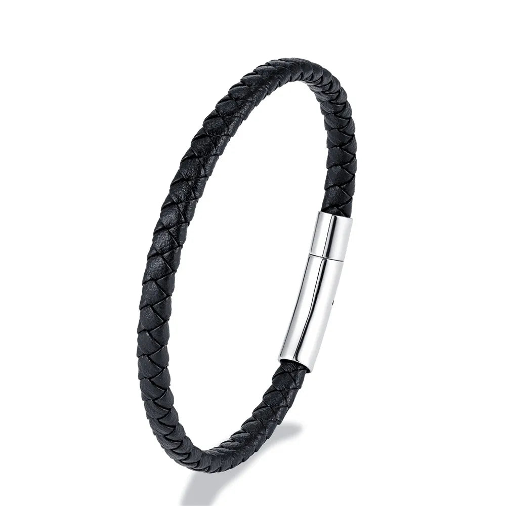 MKENDN Bracelet en cuir tressé noir bleu de style simple Bracelet en acier inoxydable avec boucle magnétique Bijoux pour hommes femmes Couple Cadeau