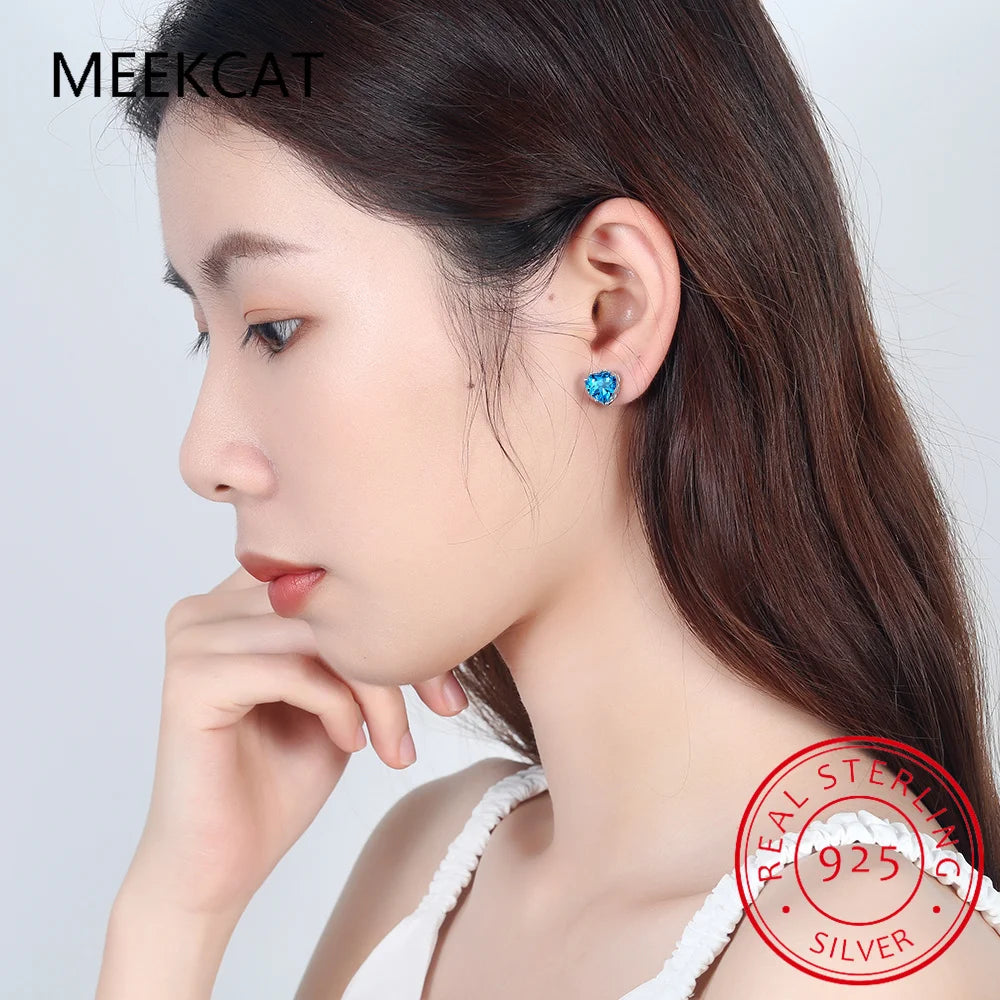 1.8ct Genuine Blue Topaz 925 Sterling Silver Heart Stud Earrings for Women Gemstone Fine Jewelry Wedding Gift