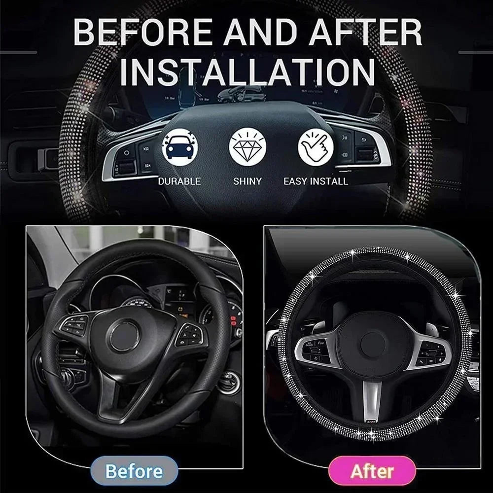 37/38cm Car Steering Wheel Cover Universal Bling Diamond Rhinestones Elasticity Interior Car Accessories for Four Seasons - Madeinsea©