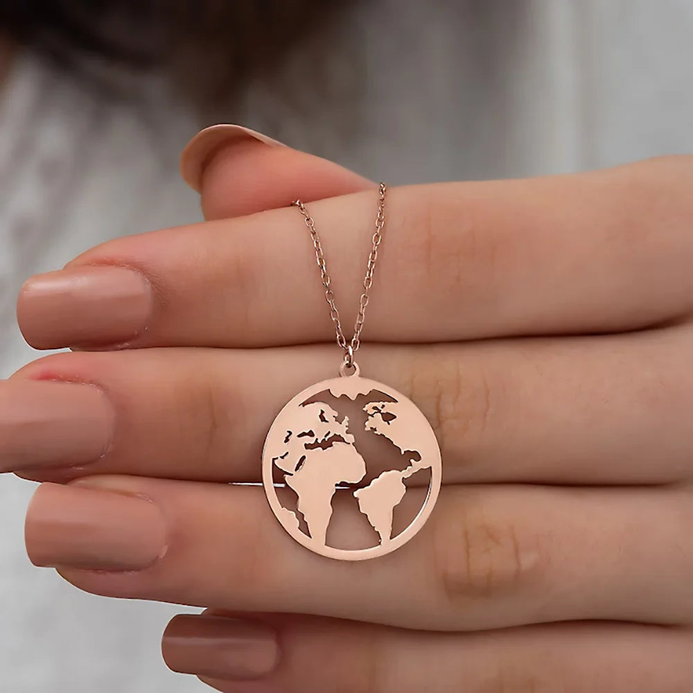 Stainless Steel Necklace World Map Pendant Necklaces Globe Charm Boho Jewelry For Women Wanderlust Earth Choker Travel Gifts