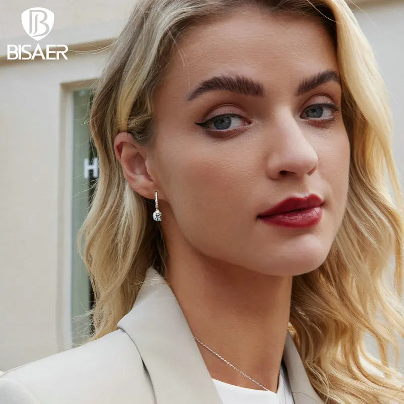 BISAER 925 Sterling Silver Blue Seashell Hoop Earrings Bule Enamel Buckles Plated White Gold For Woman Fine Jewelry Holiday Gift