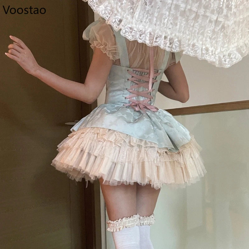 Sweet Lolita Jsk Dress Women Vintage Y2k Bow Ribbon Party Princess Dresses Japanese Girls Kawaii Ballet Style Mesh Mini Dress