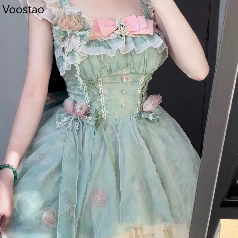 Japanese Sweet Lolita Jsk Dress Women Kawaii Cute Flower Ruffles Bow Trailing Princess Dresses Girl Elegant Y2k Fairy Mini Dress