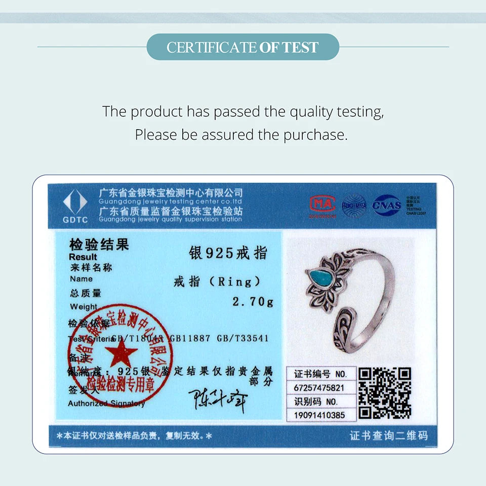 Bamoer 925 Sterling Silber Lotus Türkis Offener Ring Verstellbarer Retro-Muster Breiter Ring für Mutter Geburtstagsgeschenk Weihnachtsschmuck