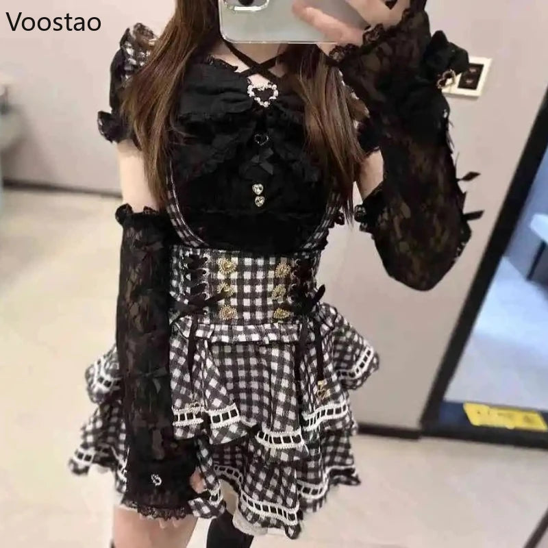 Japanese Gothic Lolita Style Rhinestone Bow Dress Shorts Set Women Sweet Cute Slim Plaid Strap Dress Elegant Kawaii Y2k Outfits