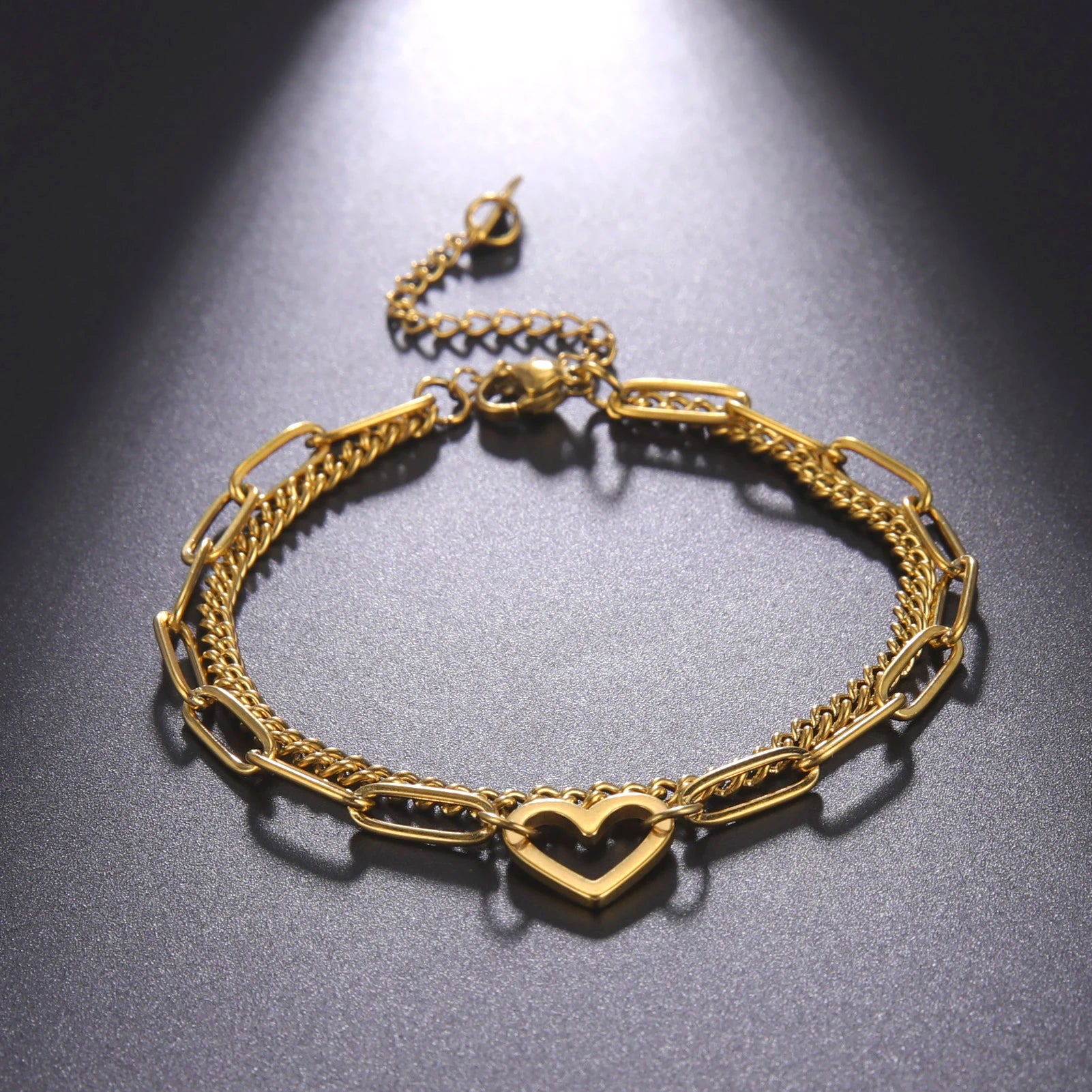 Heart Pendant Bracelet Paper Clip Chain Bracelet Stainless Steel Double Chain Bracelet for Women Couple Jewelry for Party Gift
